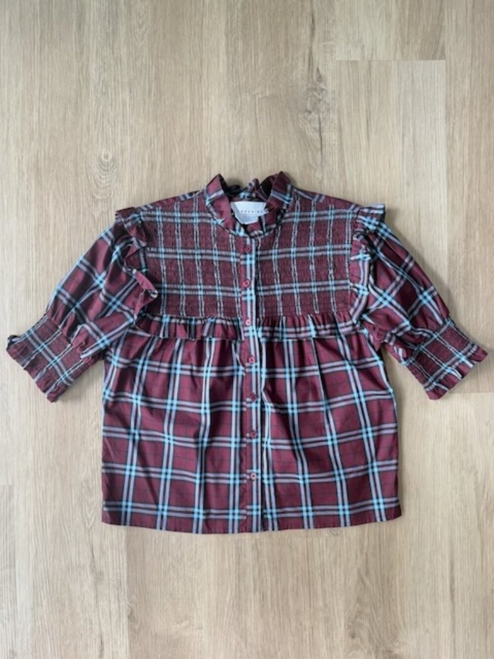 The Shirt Nicole Smocked Plaid Blouse Sz S
